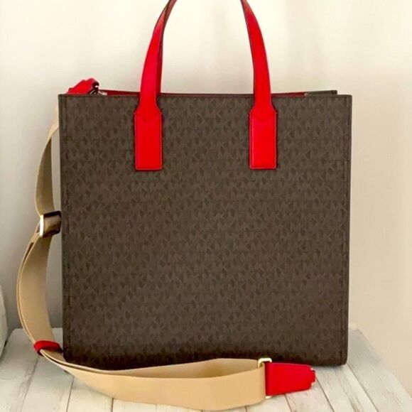 MICHAEL KORS NWT KENLY FLAME RED BROWN SIGNATURE LARGE TOTE CROSSBODY BAG - Picture 6 of 12